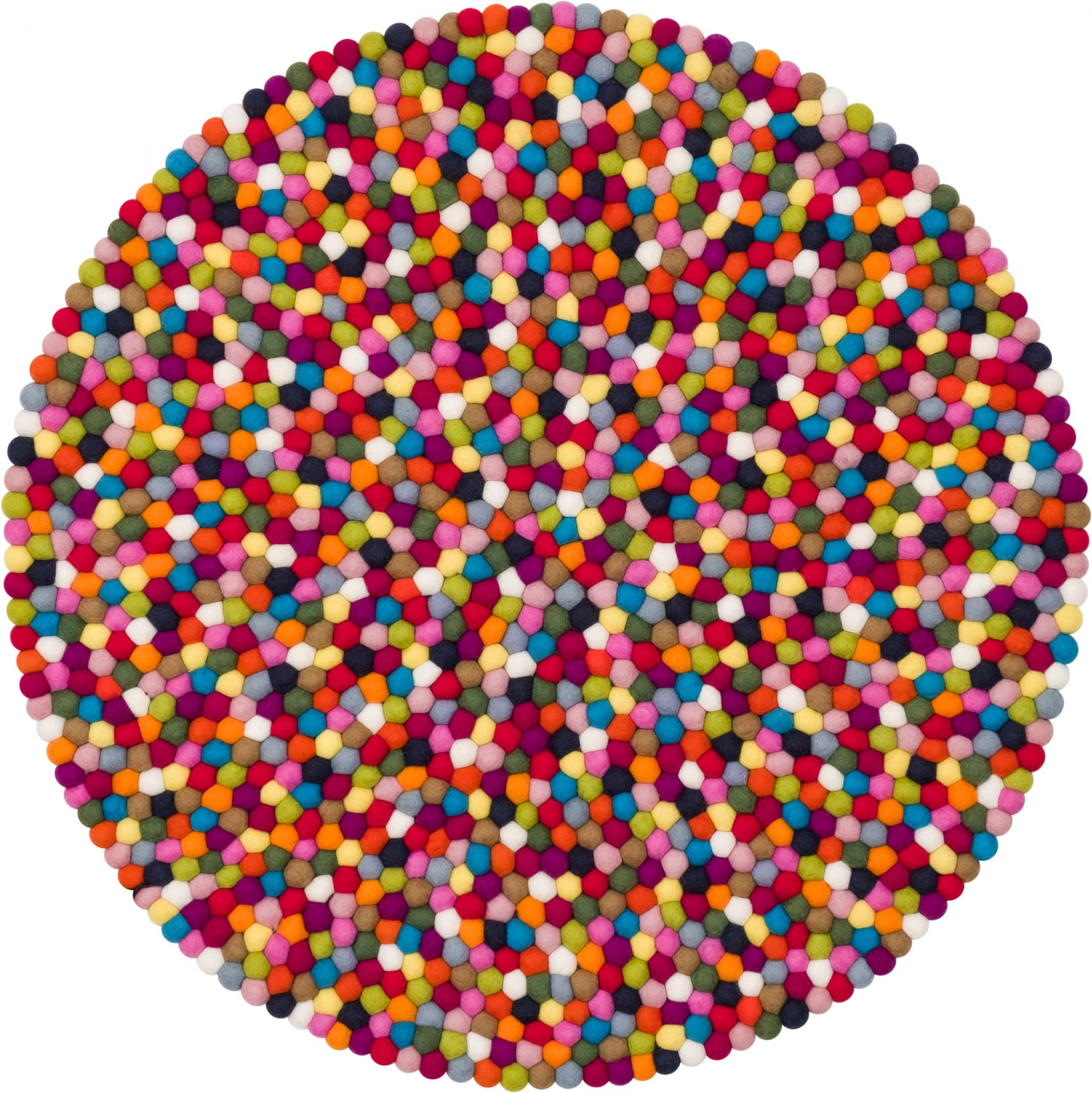 Runder Myfelt Filzkugel Teppich Hugo 120 cm in bunten Farben. Handgefertigter Wollteppich.